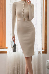 Button Front Bodycon Sweater Dress Beige / One Size