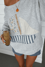 Sailboat Patchwork Off Shoulder Sweatshirt
