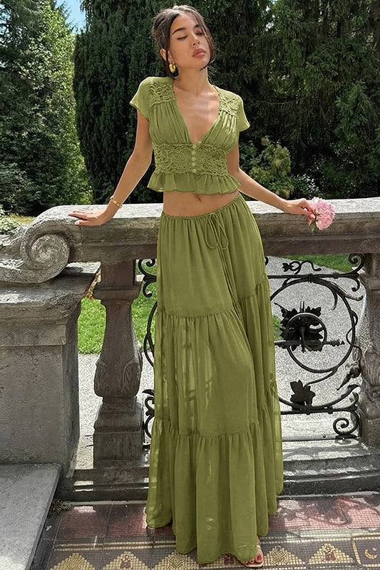 Sexy Sheer Lace Chiffon Tie Top Maxi Skirt Set Main image