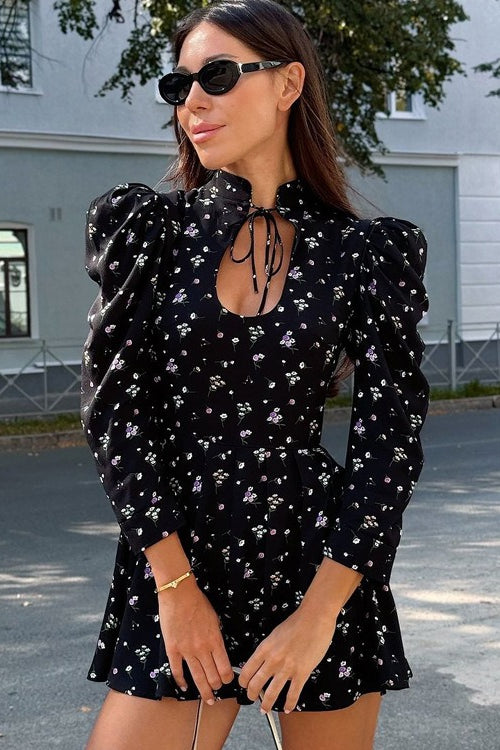 Stand Collar Tie Waist A Line Floral Dress Secondary image