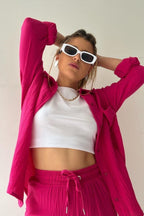 Textured Lapel Long Sleeve Top High Waist Shorts Set