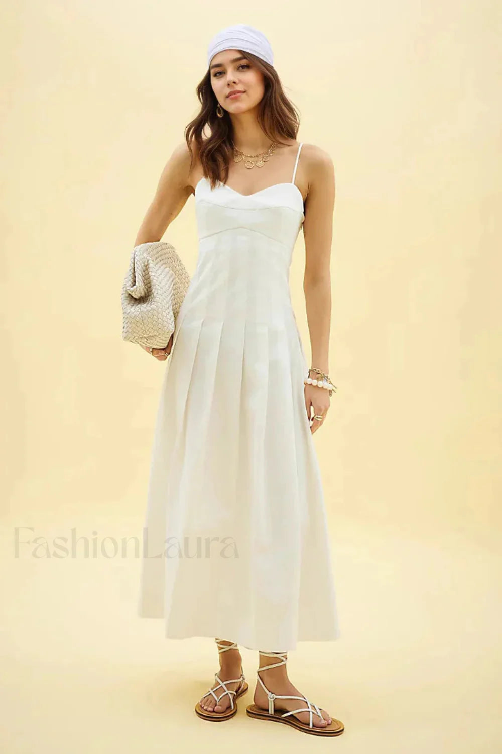 Fishbone Tube Top Sleeveless Waist Flared Maxi Dress White / S Main image