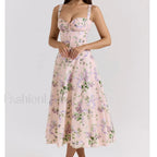 Fishbone Waist Cotton Midi Dress pink / S