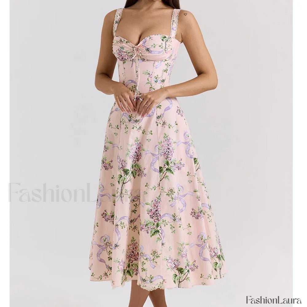 Fishbone Waist Cotton Midi Dress pink / S