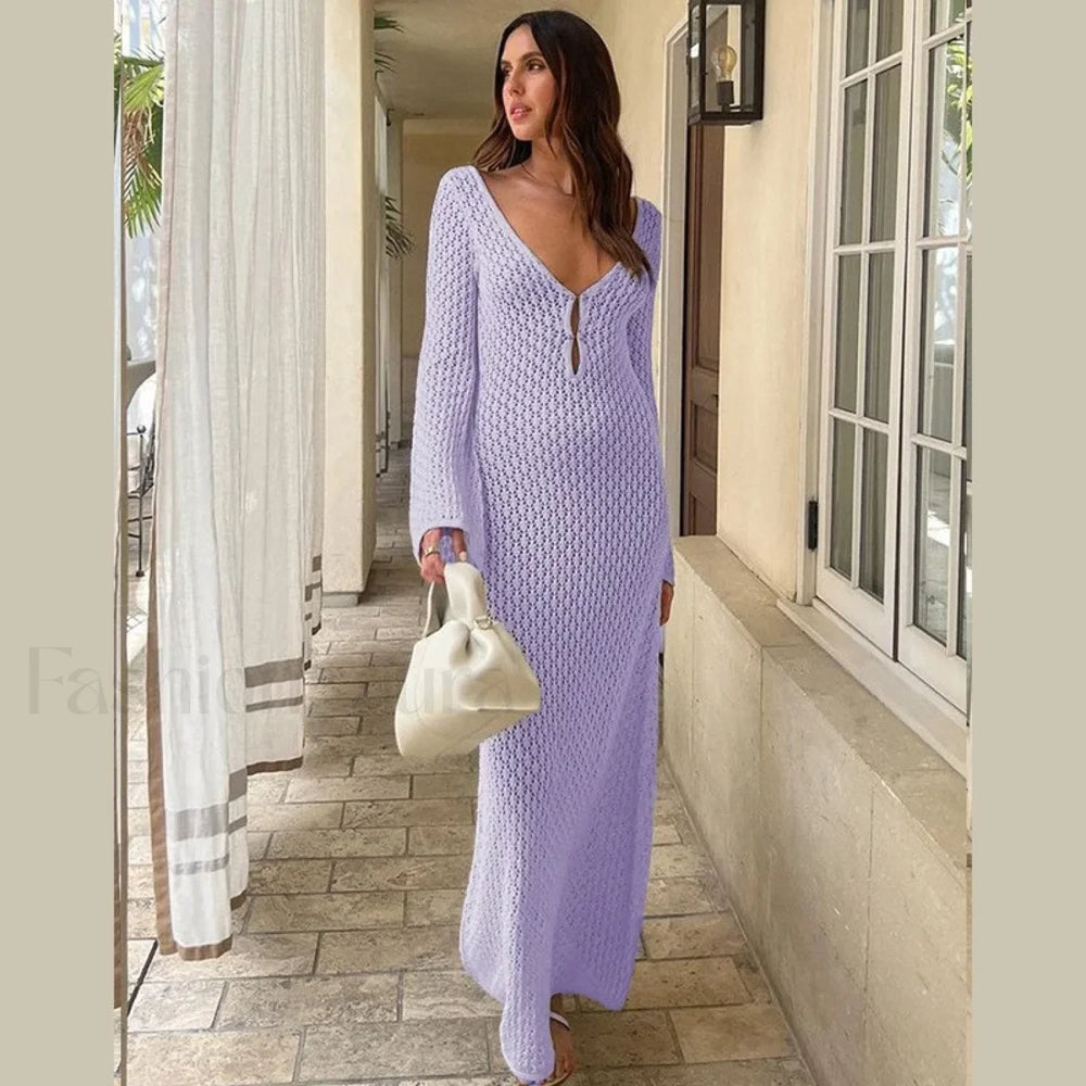 Fishtail Flare V Neck Dress Cover Up Light Purple / S