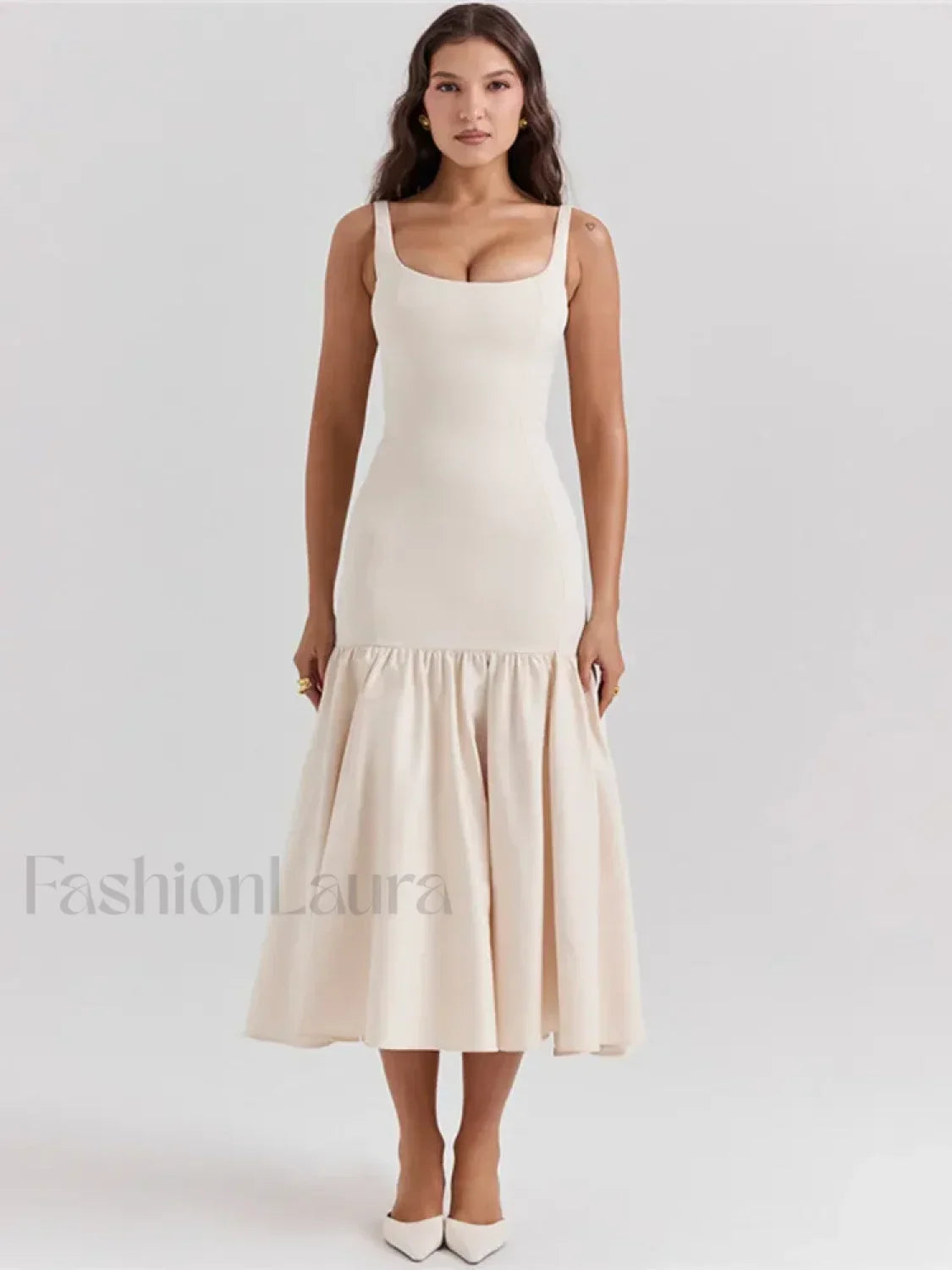 Fishtail Square Collar Midi Dress Beige / S Main image
