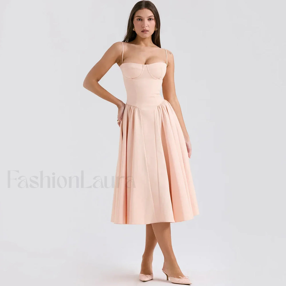 Fit Flare Spaghetti Midi Dress pink / XS