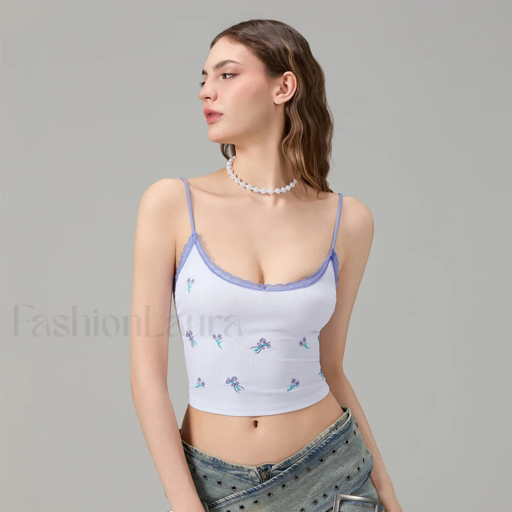 Fitted Lace Trim Crop Top Blue / S
