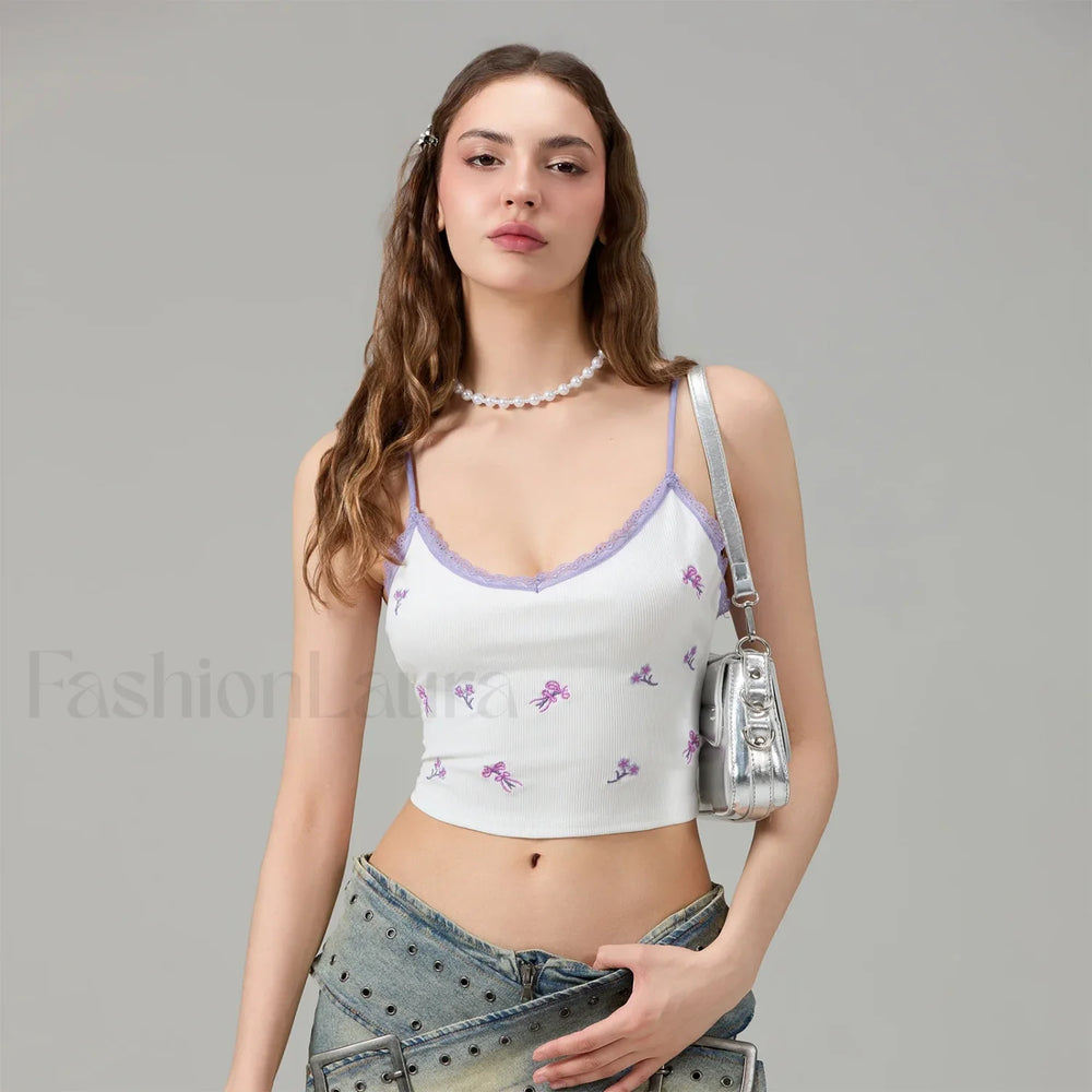 Fitted Lace Trim Crop Top PURPLE / S
