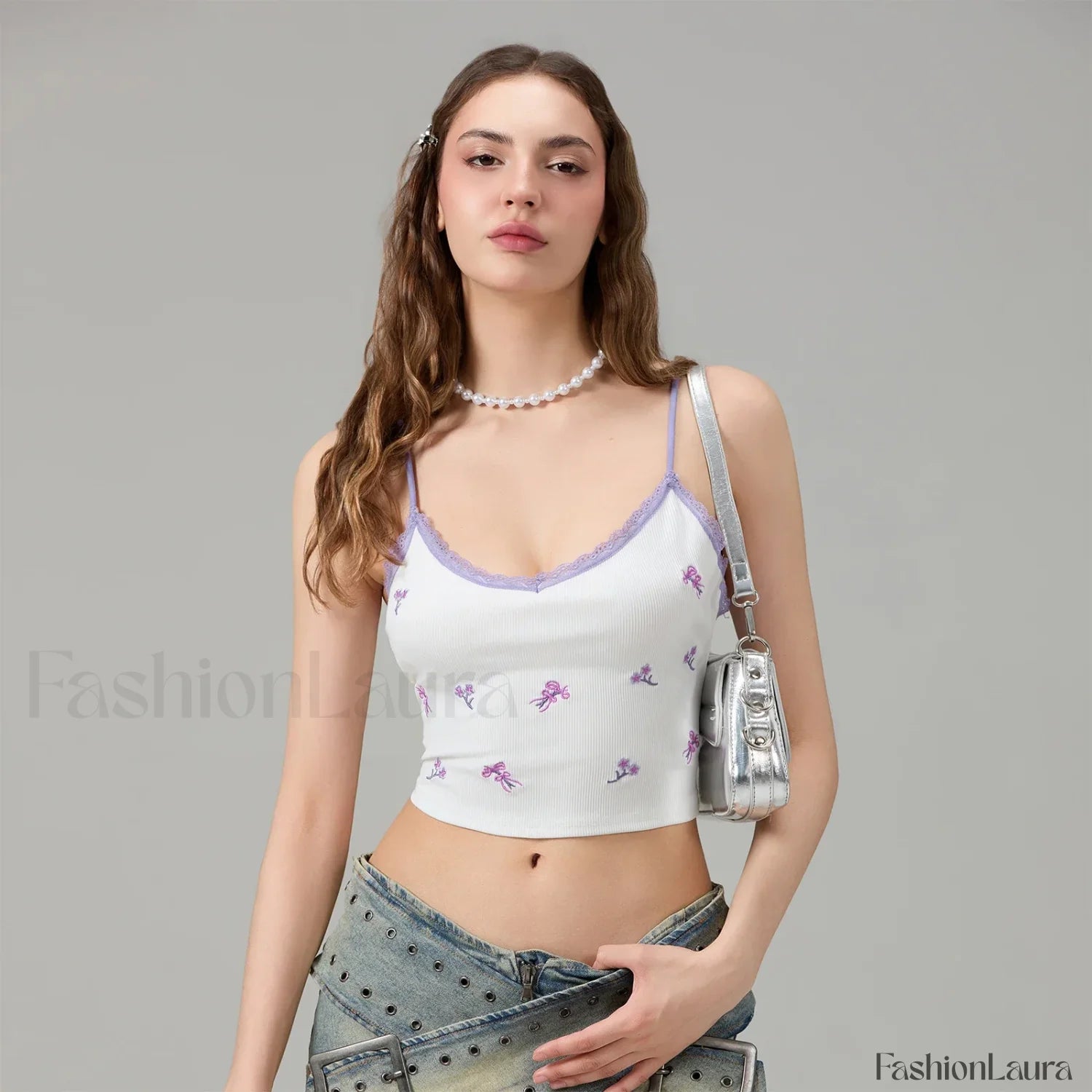 Fitted Lace Trim Crop Top PURPLE / S