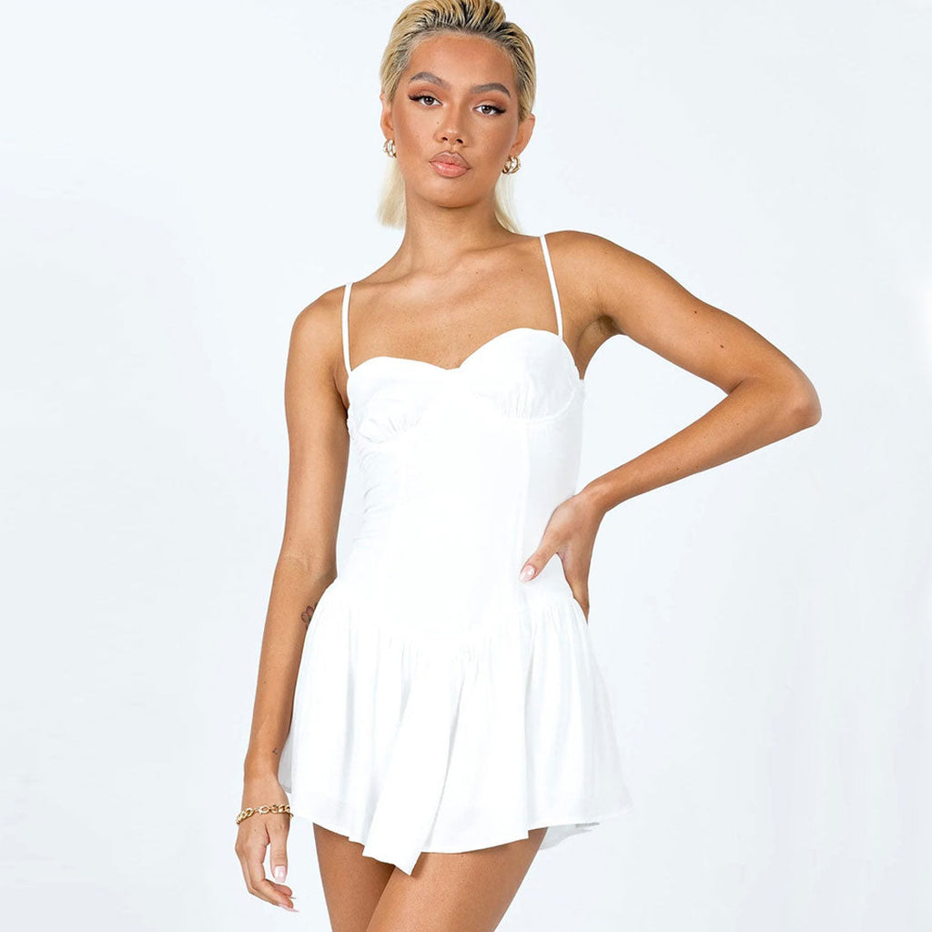 Chiffon Ruffle Ruched Trim Mini Slip Sundress White S / White Sun Dresses