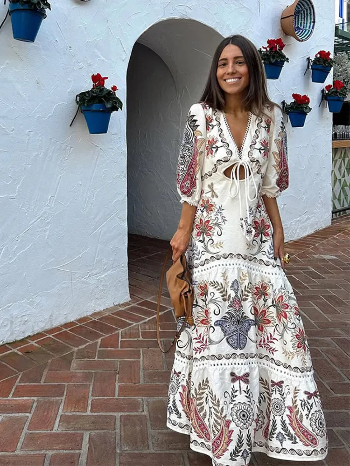 Flax Lantern Sleeve Boho Dress white / S Main image