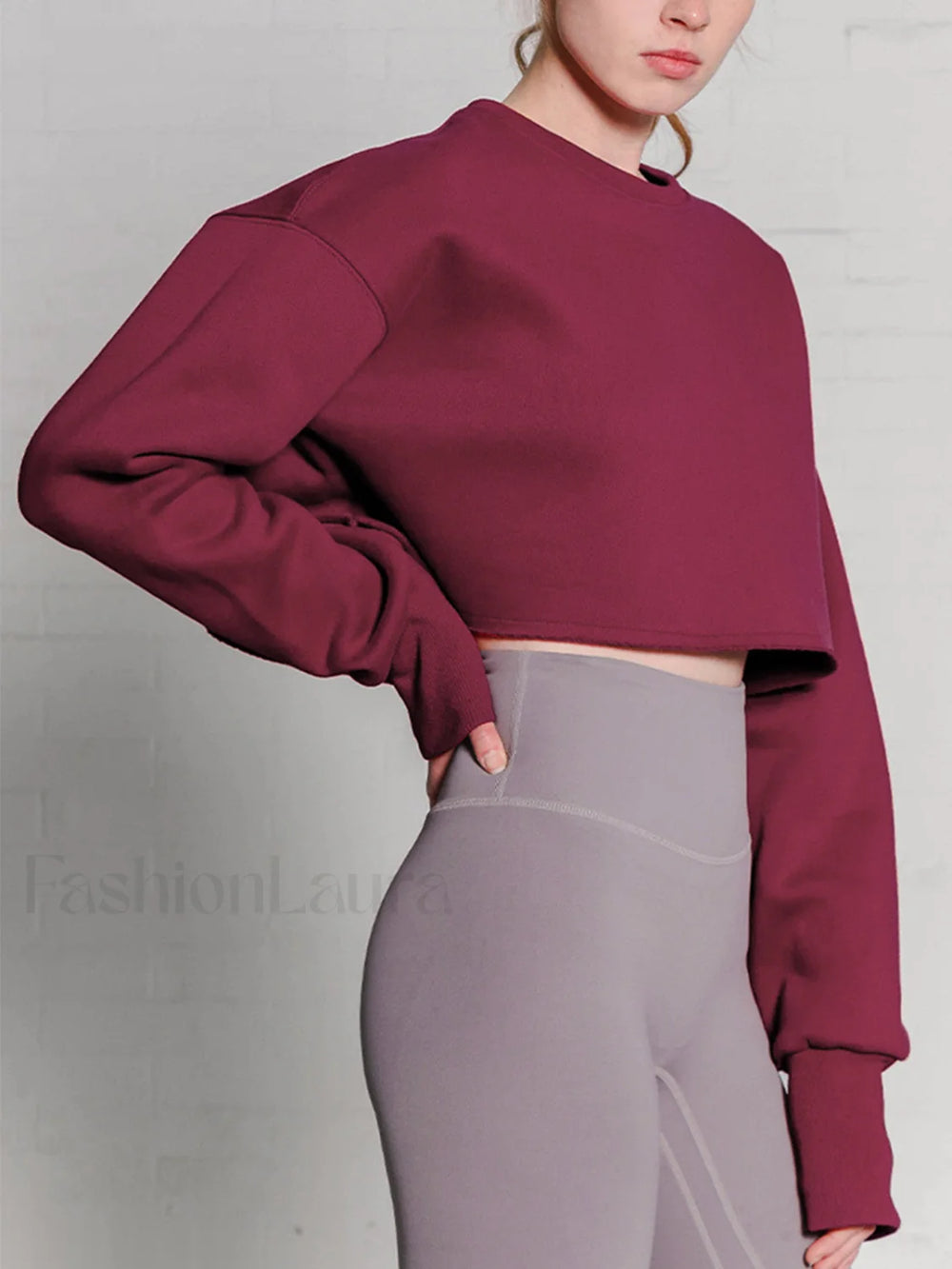 Fleece Lined Graceful Solid Cropped Sweatshirt Burgundy / S Sweatshirts