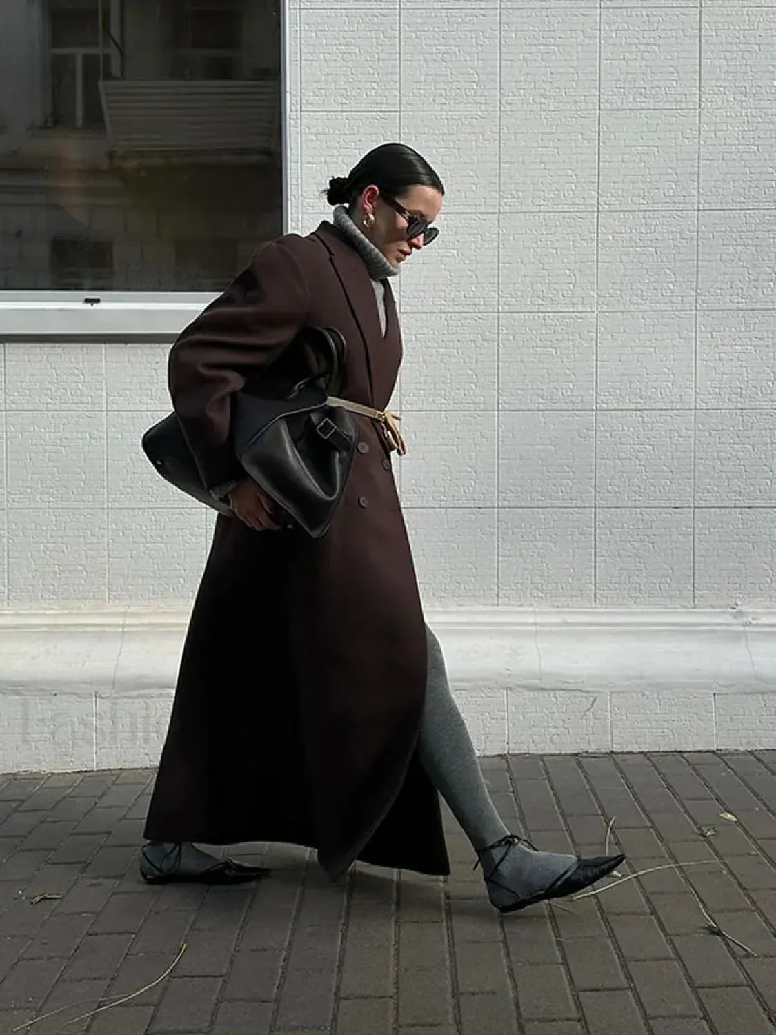 Flip Collar Double Breasted Pocket Woolen Coat Fashion Long Sleeved Overcoats Secondary image