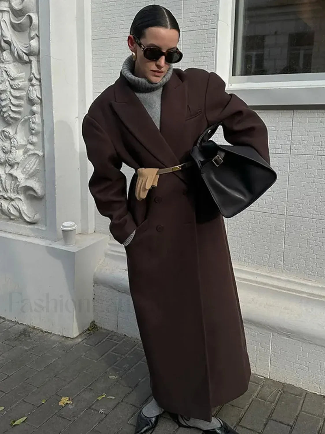 Flip Collar Double Breasted Pocket Woolen Coat Fashion Long Sleeved Overcoats Main image
