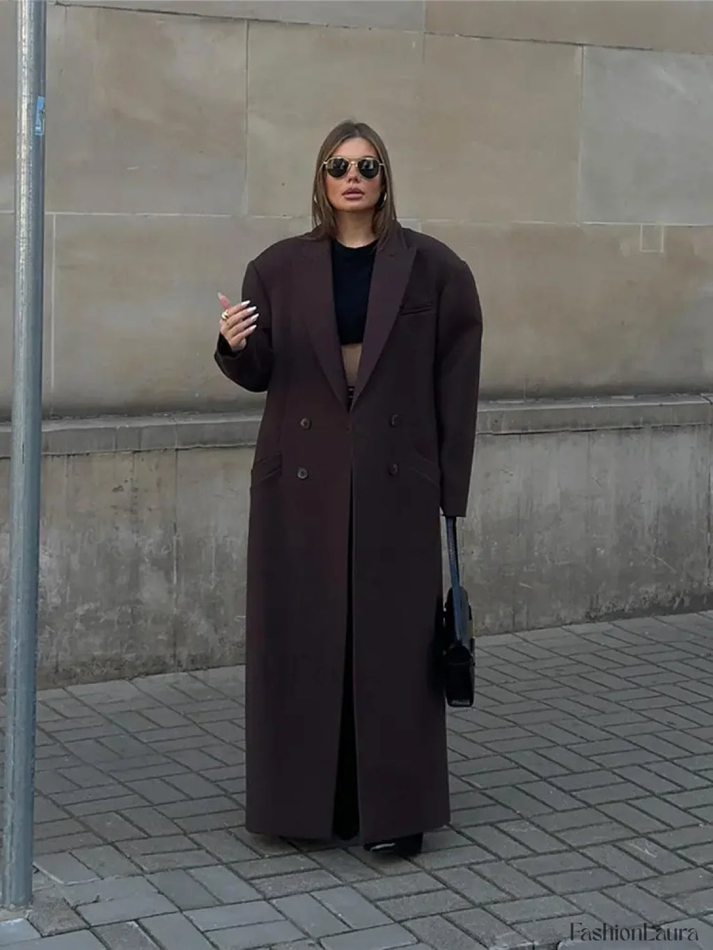 Flip Collar Double Breasted Pocket Woolen Coat Fashion Long Sleeved Overcoats Brown / S