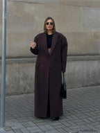 Flip Collar Double Breasted Pocket Woolen Coat Fashion Long Sleeved Overcoats Brown / S