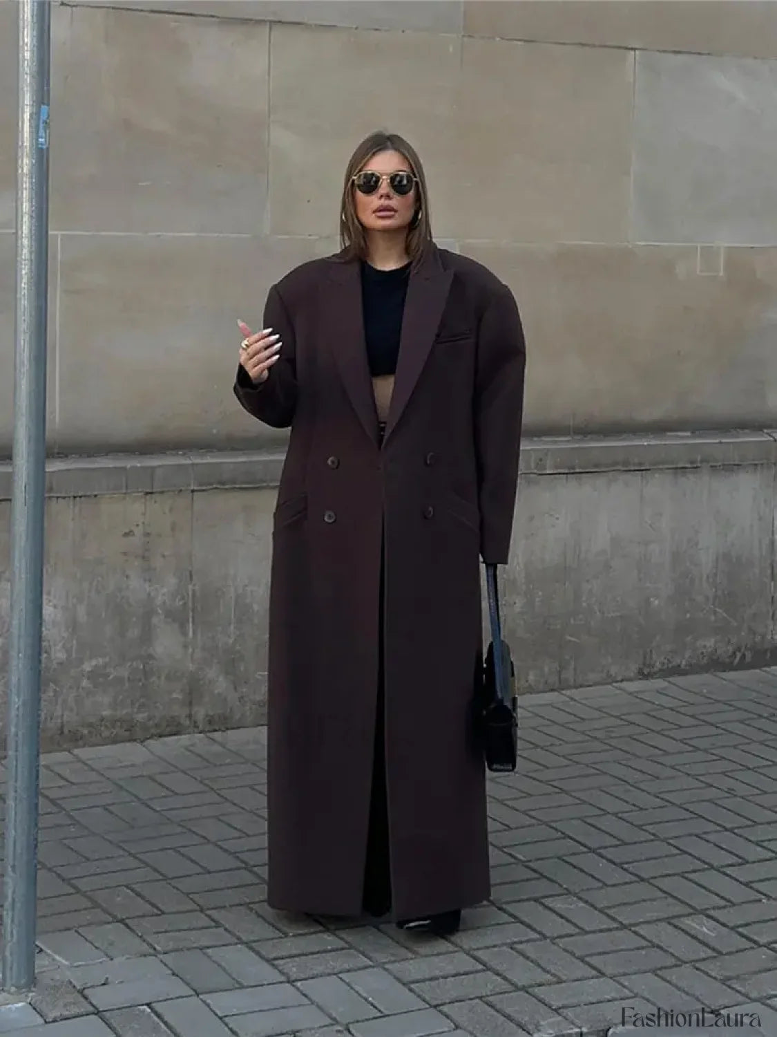 Flip Collar Double Breasted Pocket Woolen Coat Fashion Long Sleeved Overcoats Brown / S