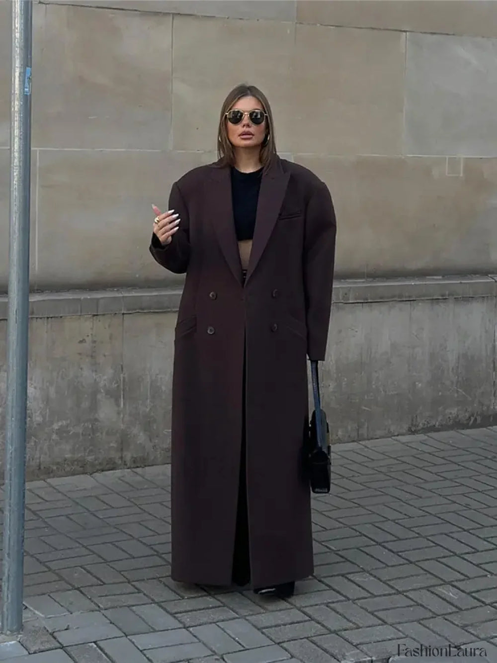 Flip Collar Double Breasted Pocket Woolen Coat Fashion Long Sleeved Overcoats Brown / S