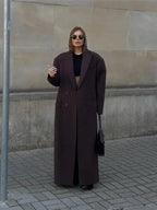 Flip Collar Double Breasted Pocket Woolen Coat Fashion Long Sleeved Overcoats Brown / S