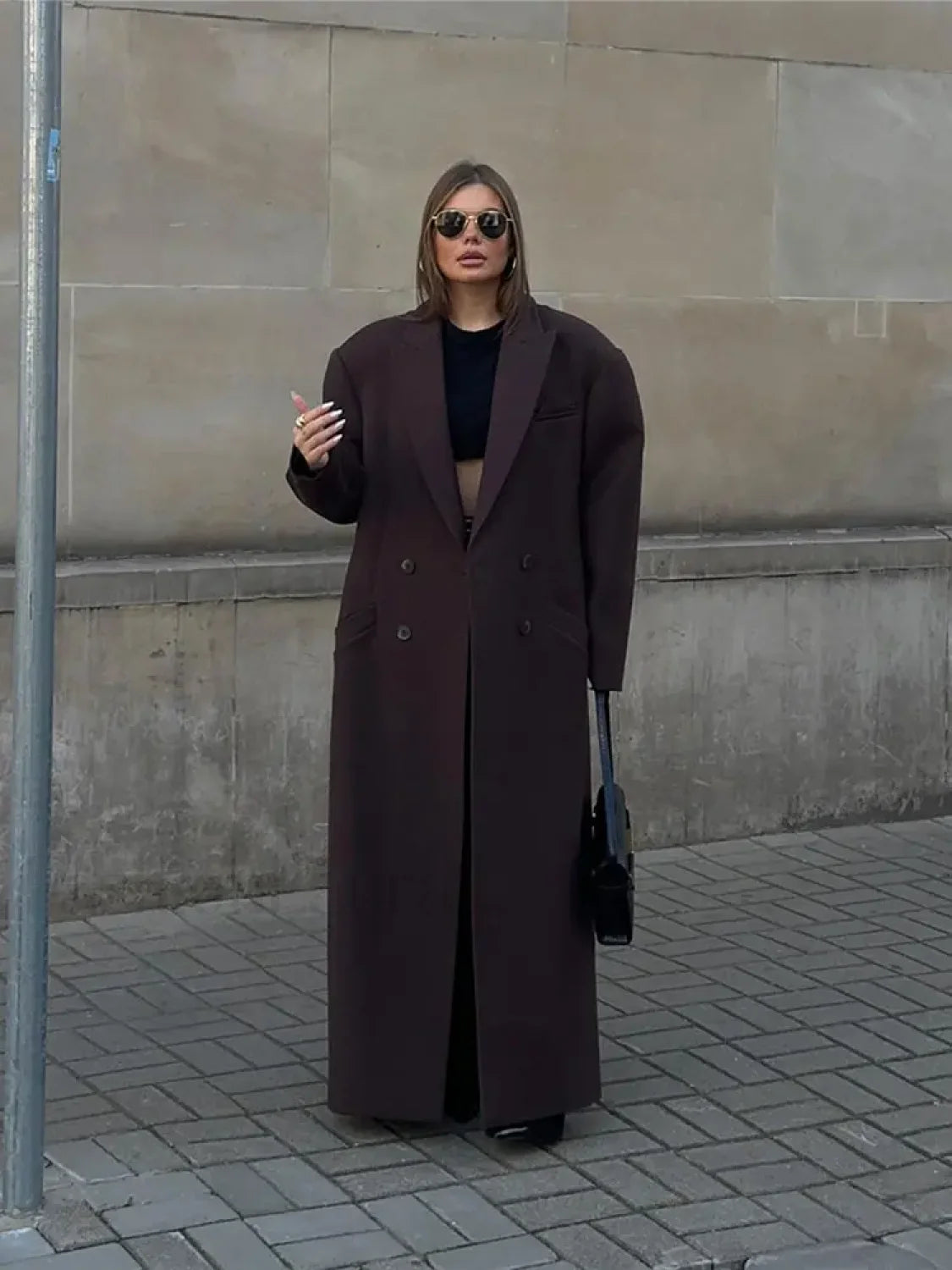 Flip Collar Double Breasted Pocket Woolen Coat Fashion Long Sleeved Overcoats Brown / S