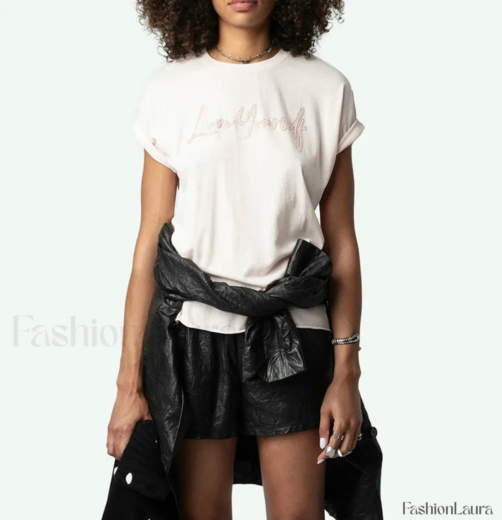 Flocked Crystal Letter T Shirt Shrimp Pink / S