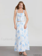Floral A Line Long Skirt Two Piece Set Blue / S