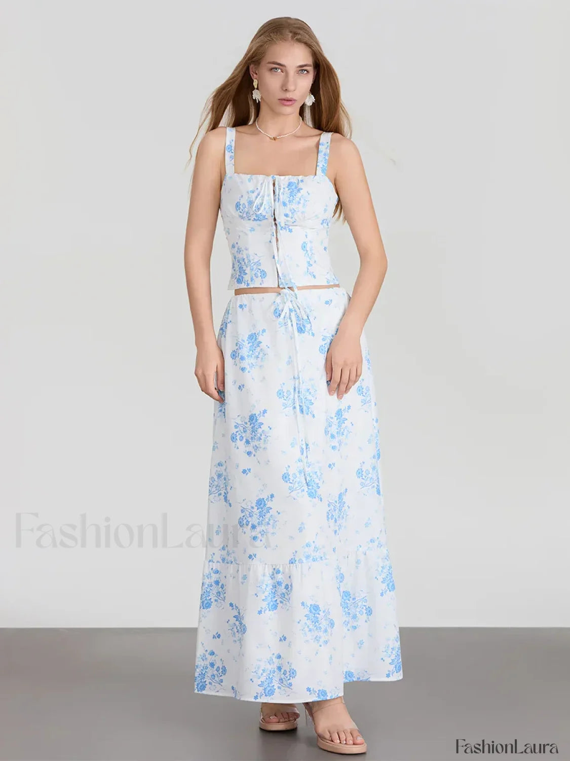 Floral A Line Long Skirt Two Piece Set Blue / S