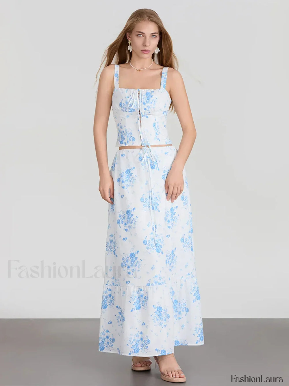 Floral A Line Long Skirt Two Piece Set Blue / S