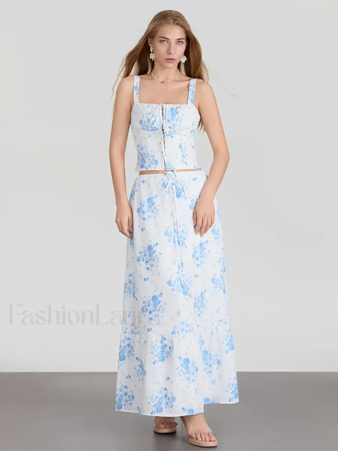 Floral A Line Long Skirt Two Piece Set Blue / S