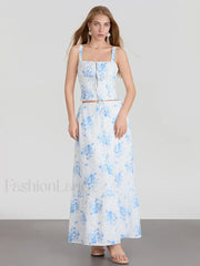 Floral A Line Long Skirt Two Piece Set Blue / S