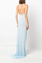 Floral Appliqu茅 Halter Charming Neck Maxi Dress