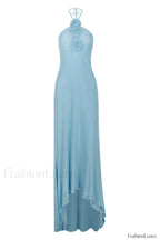 Floral Appliqu茅 Halter Charming Neck Maxi Dress XS / Light Blue