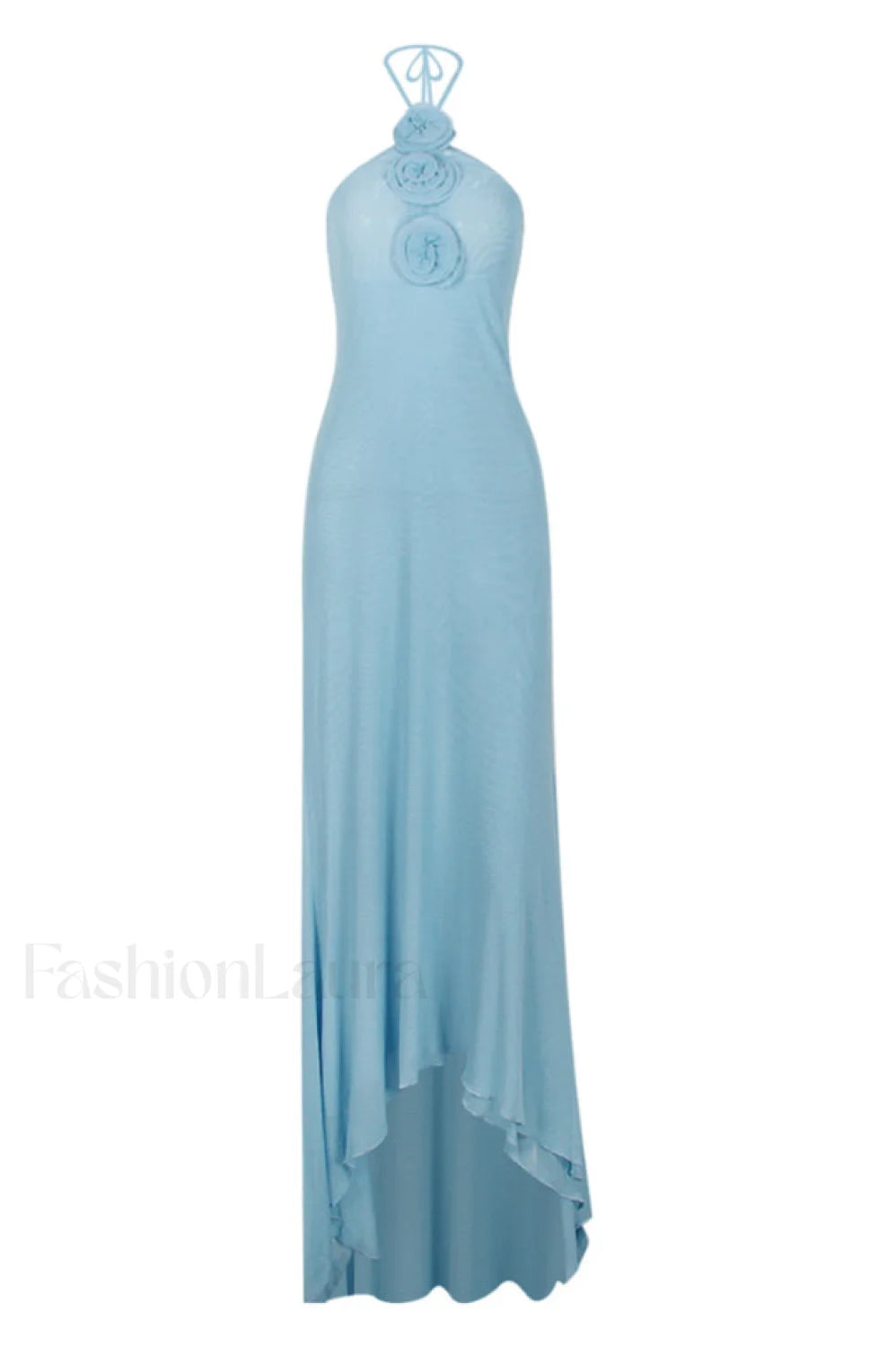 Floral Appliqu茅 Halter Charming Neck Maxi Dress XS / Light Blue