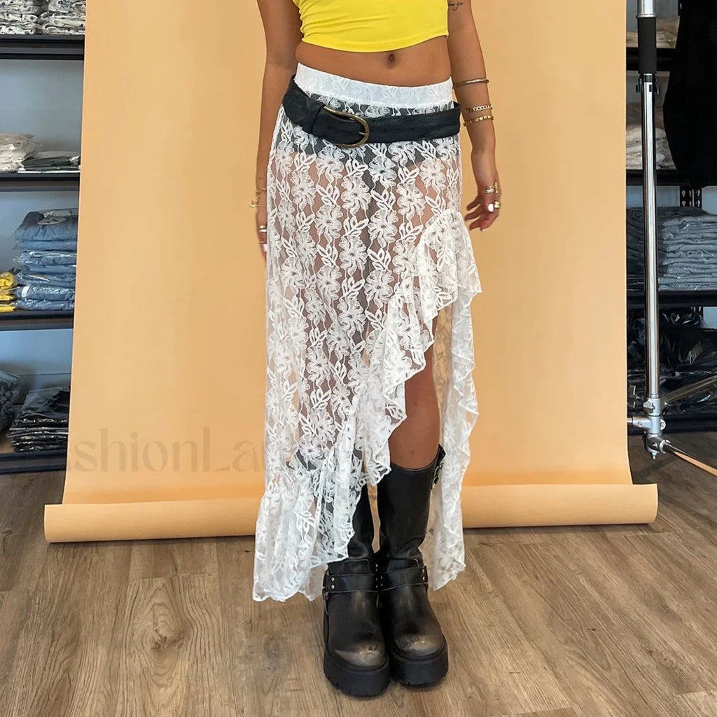 Floral Asymmetrical Midi Skirt WHITE / S