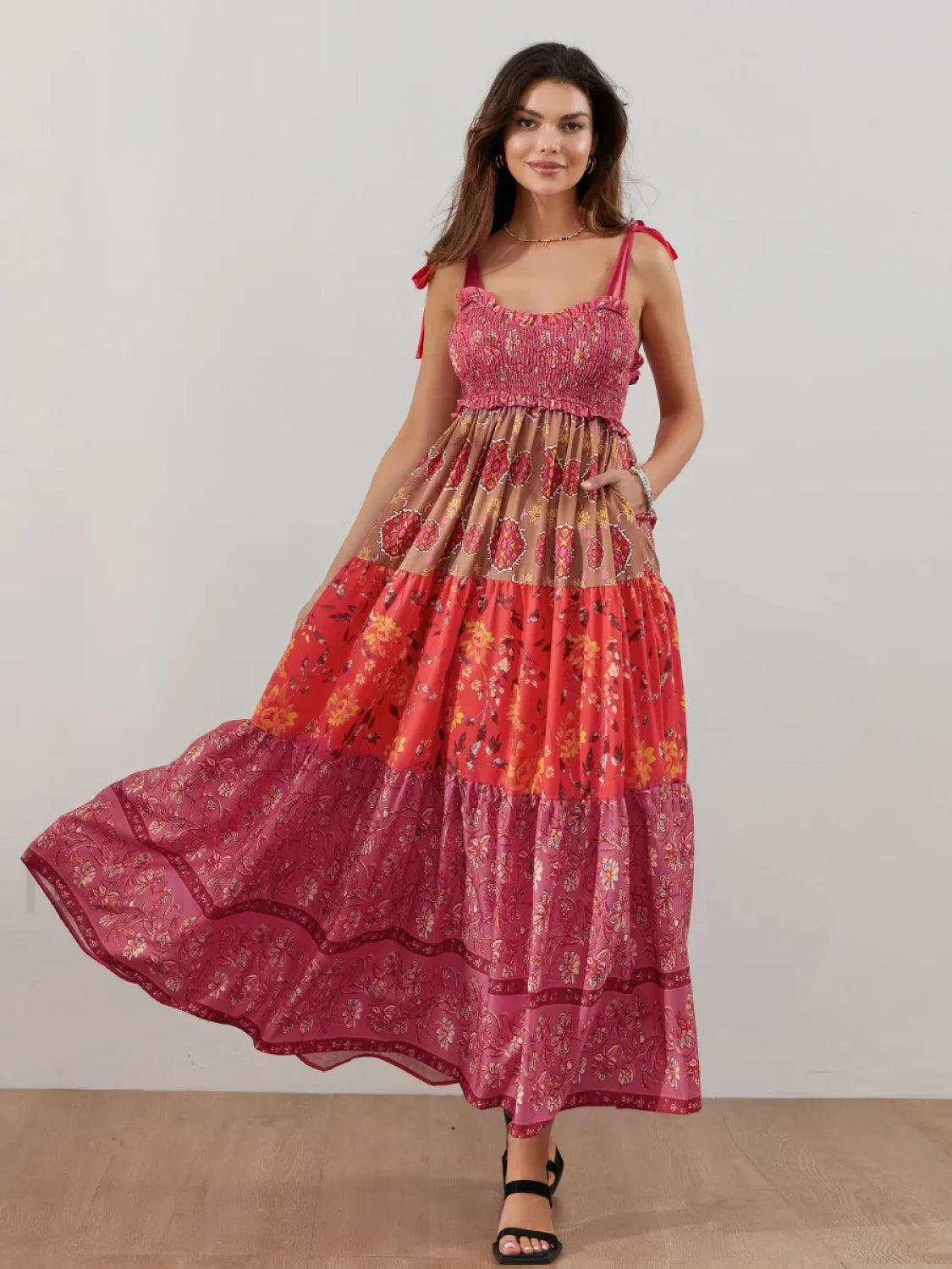 Floral Cami Straps Boho Dress red / S Main image