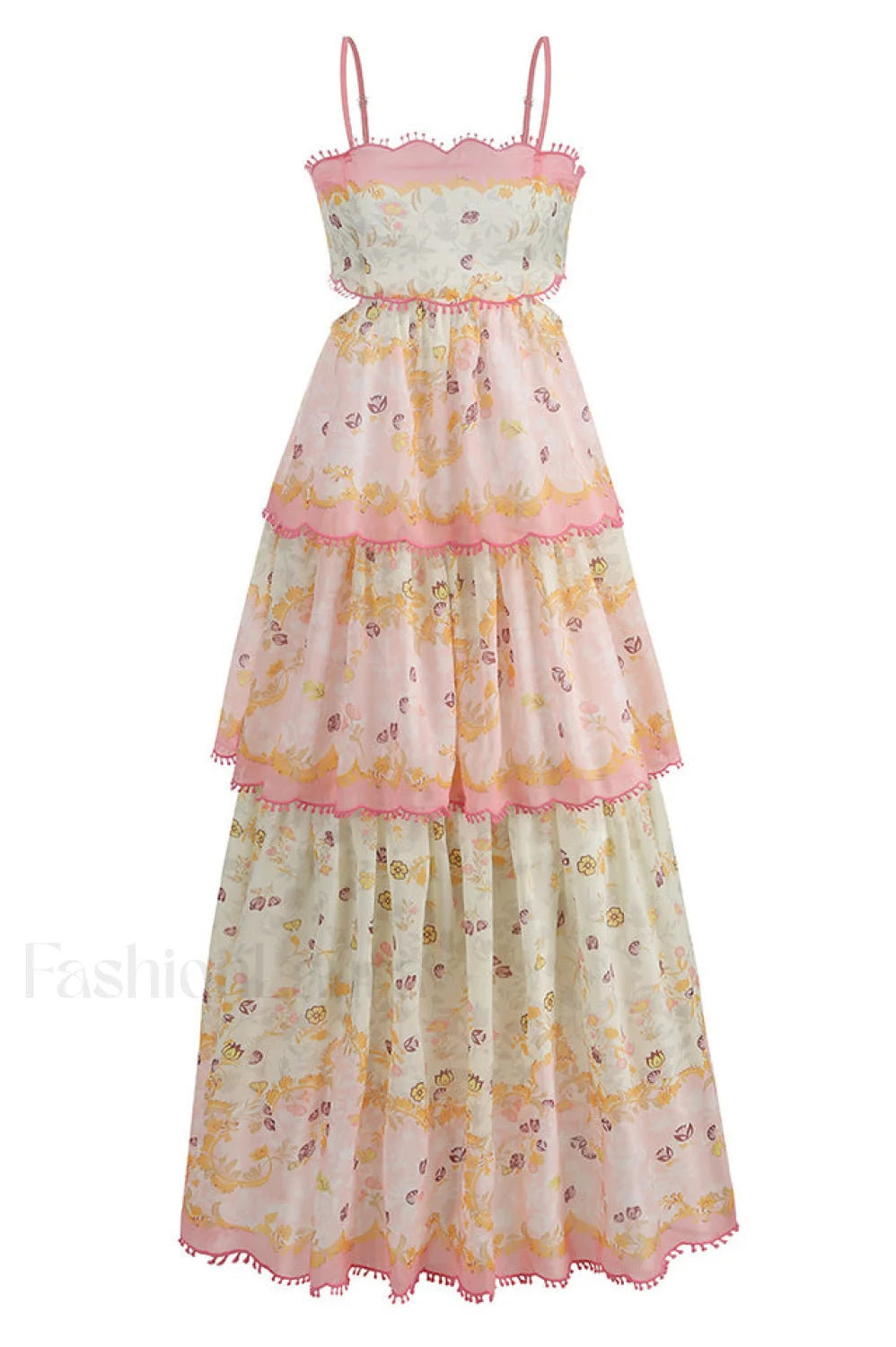 Floral Cami Tiered Charming Ruffle Hem Dress S / Pink
