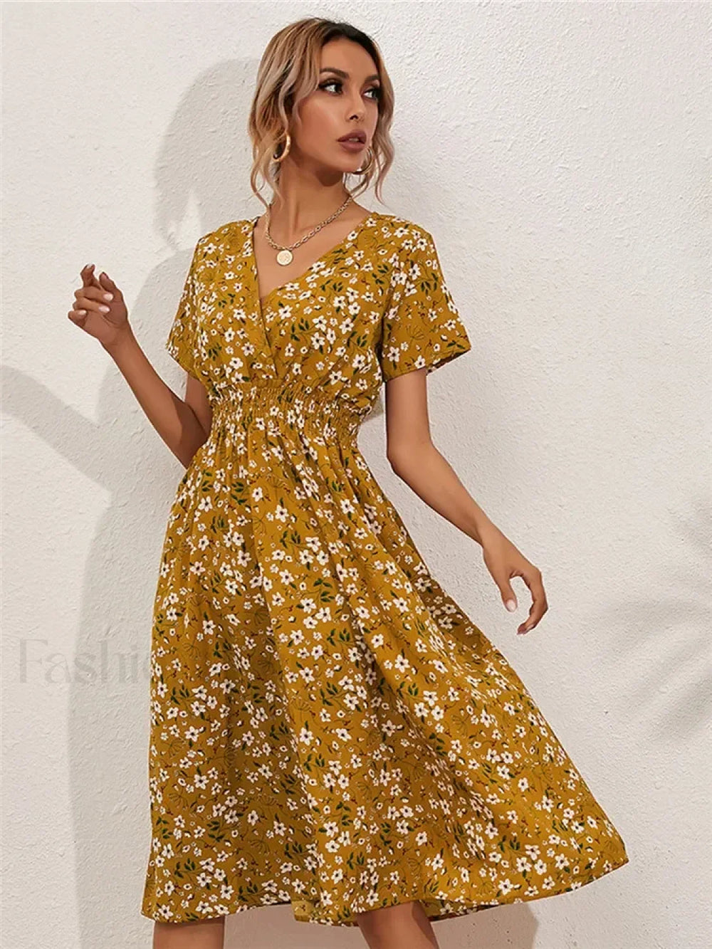 Floral Chic Short Sleeve Women’s Fashionable Long Midi Dress YELLOW / S
