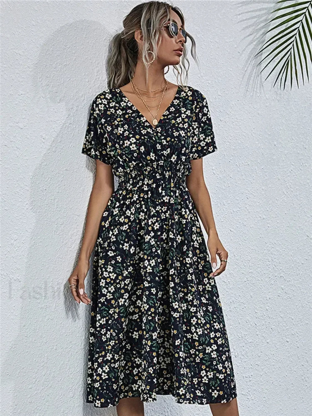 Floral Chic Summer Short Sleeve Fashionable Midi Dress BLACK / S