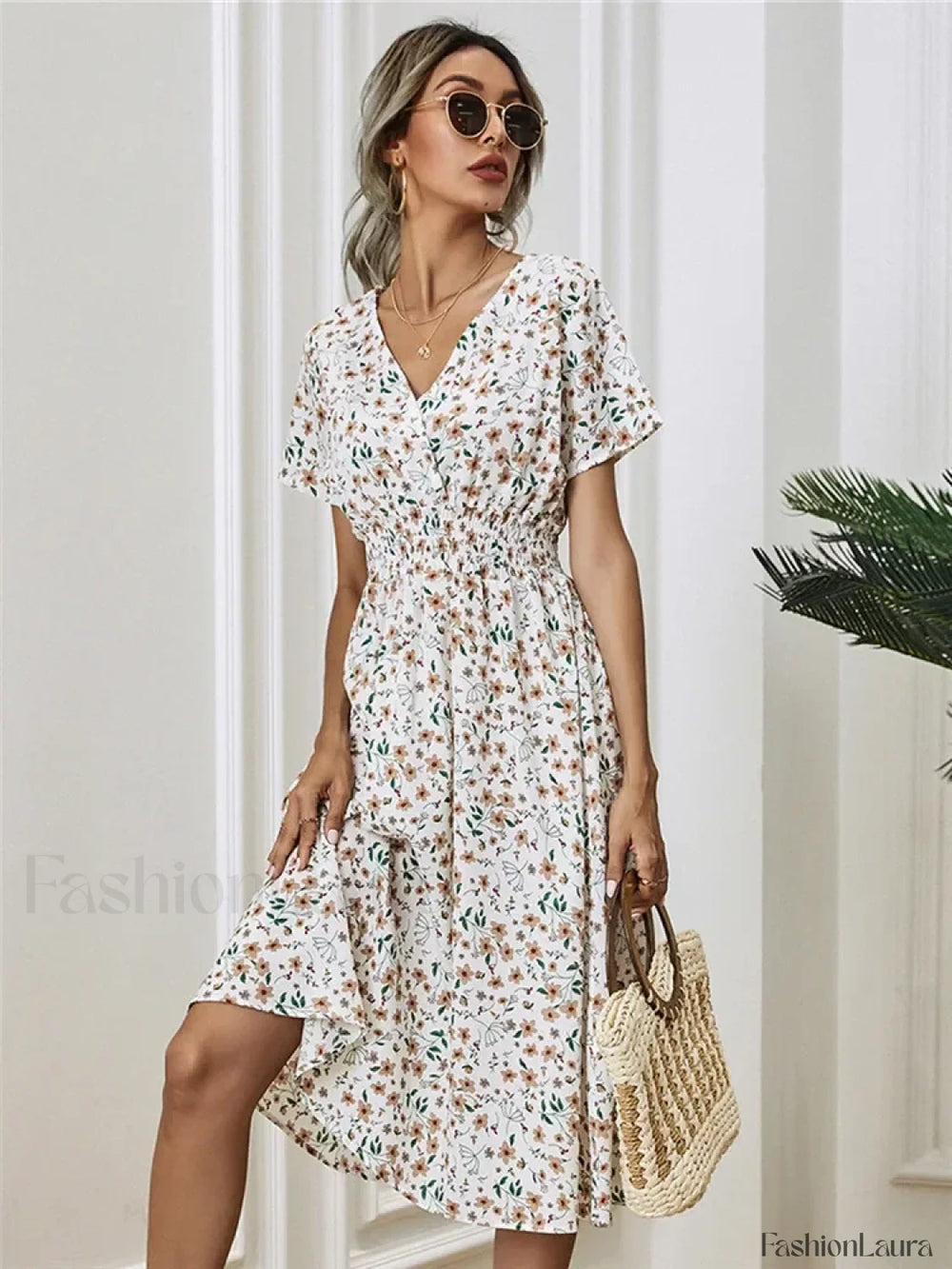 Floral Chic Summer Short Sleeve Fashionable Midi Dress WHITE / S