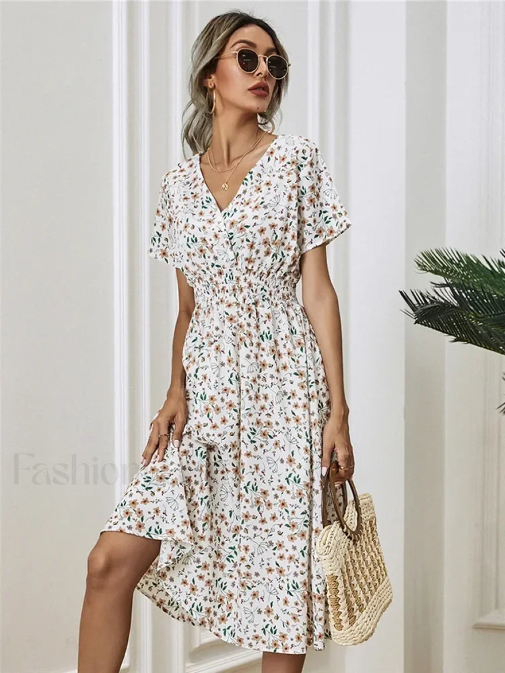 Floral Chic Summer Short Sleeve Fashionable Midi Dress WHITE / S