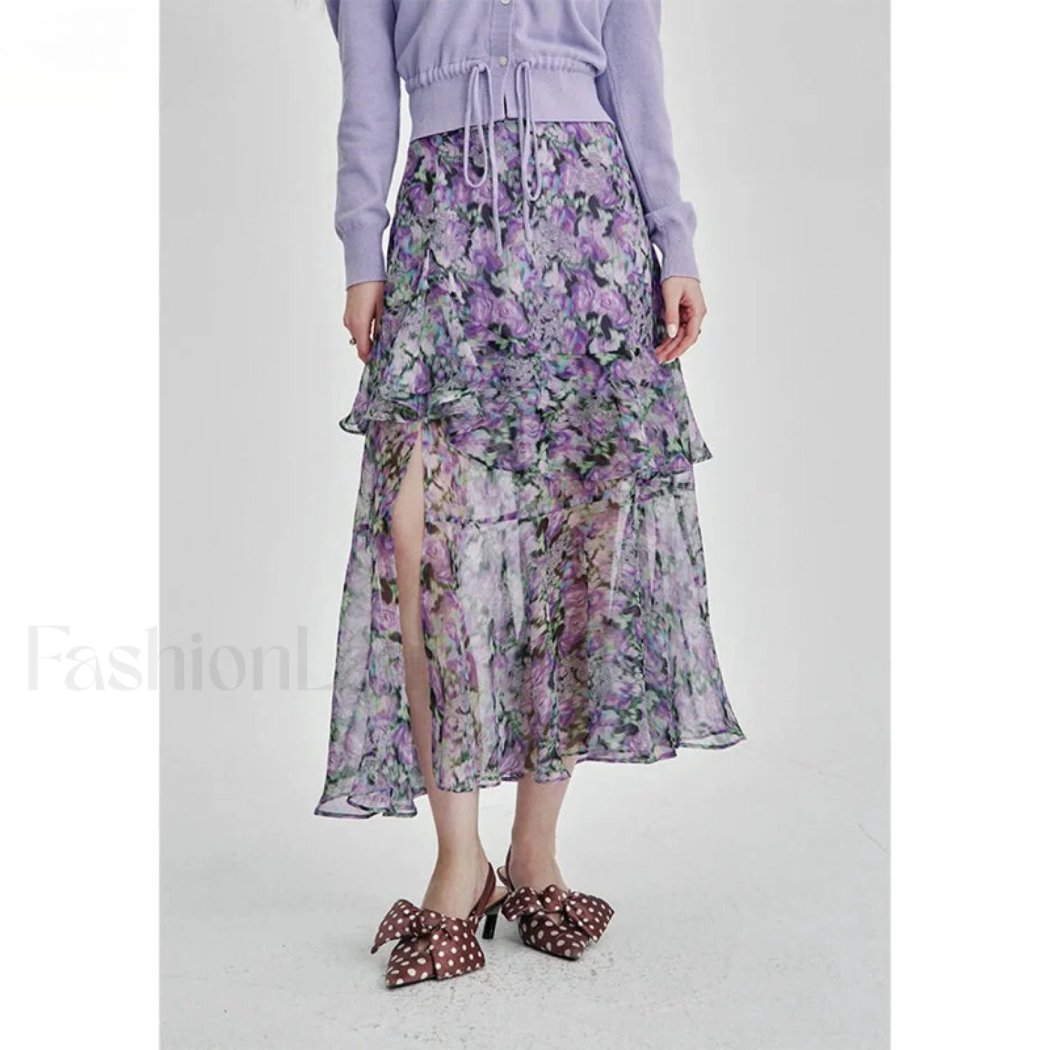 Floral Chiffon Ruffled Slit Skirt