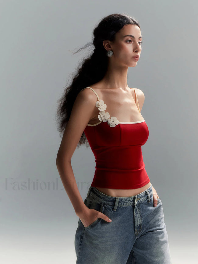 Floral Contrast Trim Bodycon Cami Top Red / XS Tank Tops & Camis Main image
