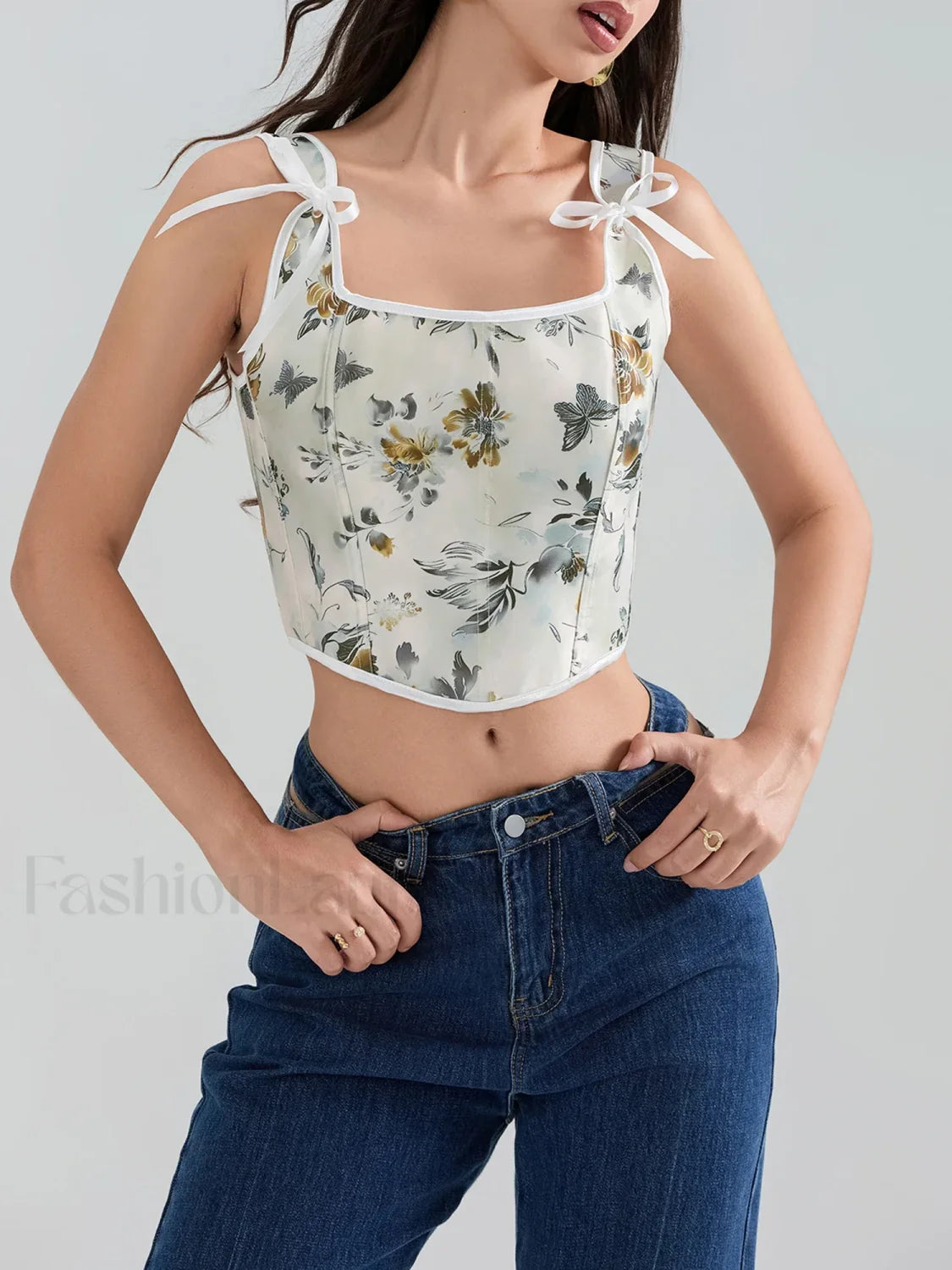 Floral Corset Square Neck Crop Top Grey / S Main image