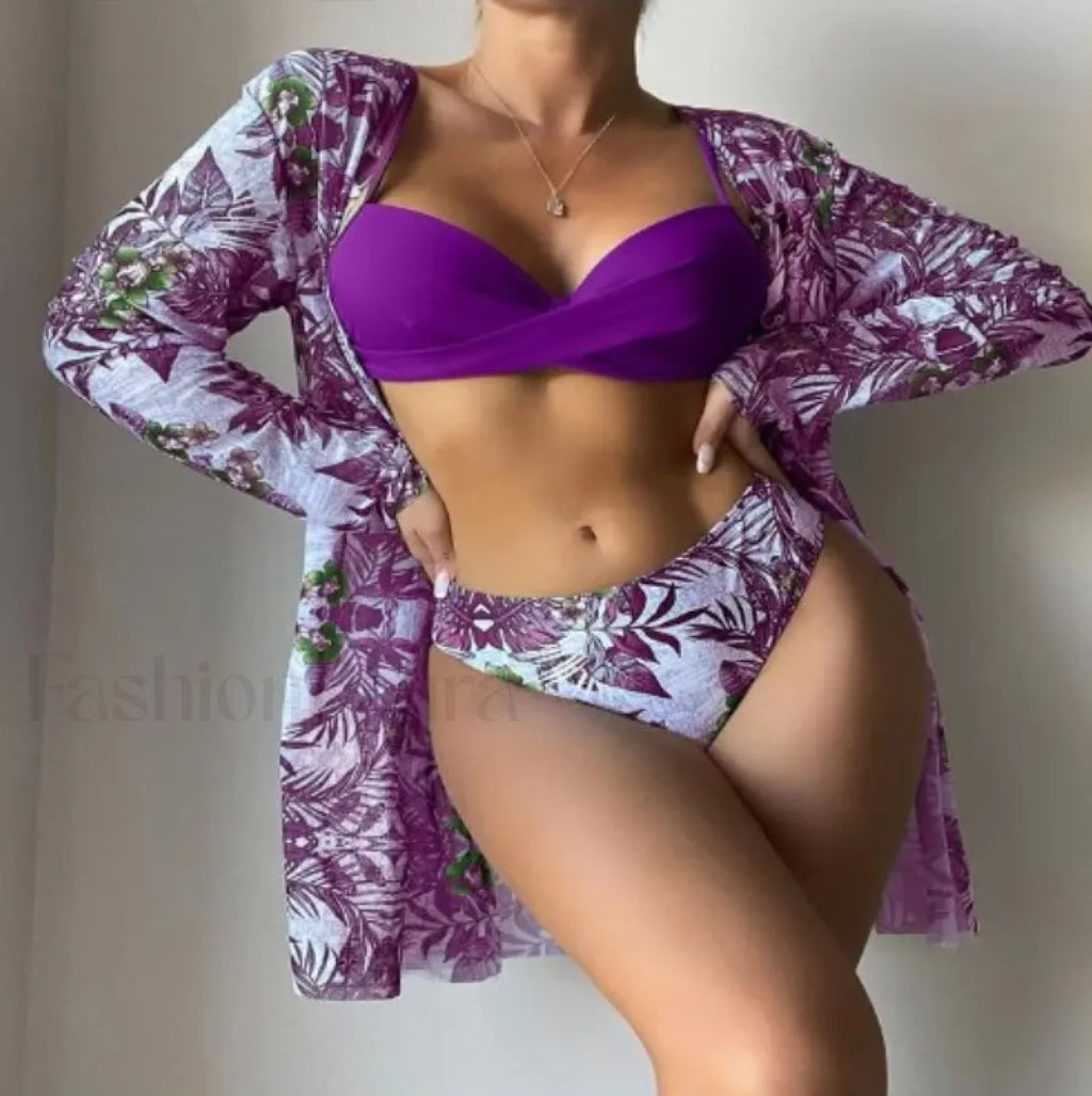 Floral Cover Up Bikini Three Piece Set PUEPLE / S