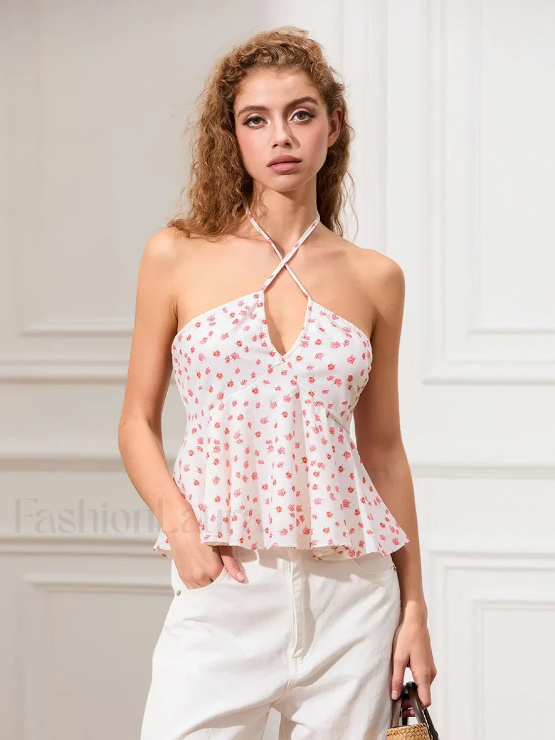 Floral Cross Halter Peplum Crop Top Main image