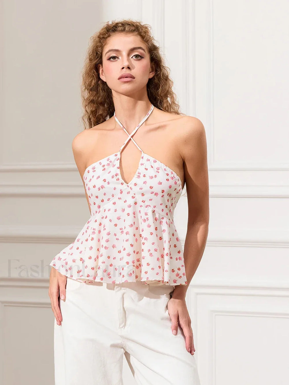 Floral Cross Halter Peplum Crop Top