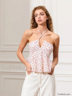 Floral Cross Halter Peplum Crop Top Pink / S
