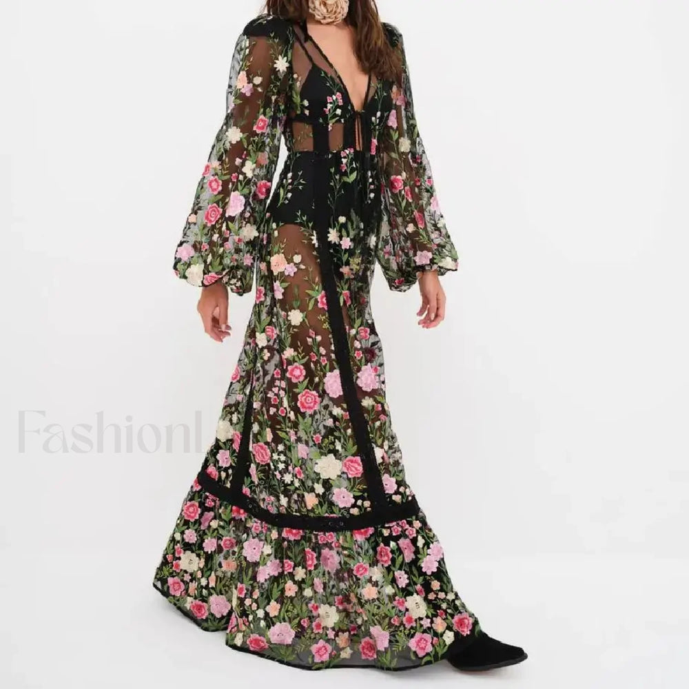 Floral Embroidery Mesh Beach Cover Up