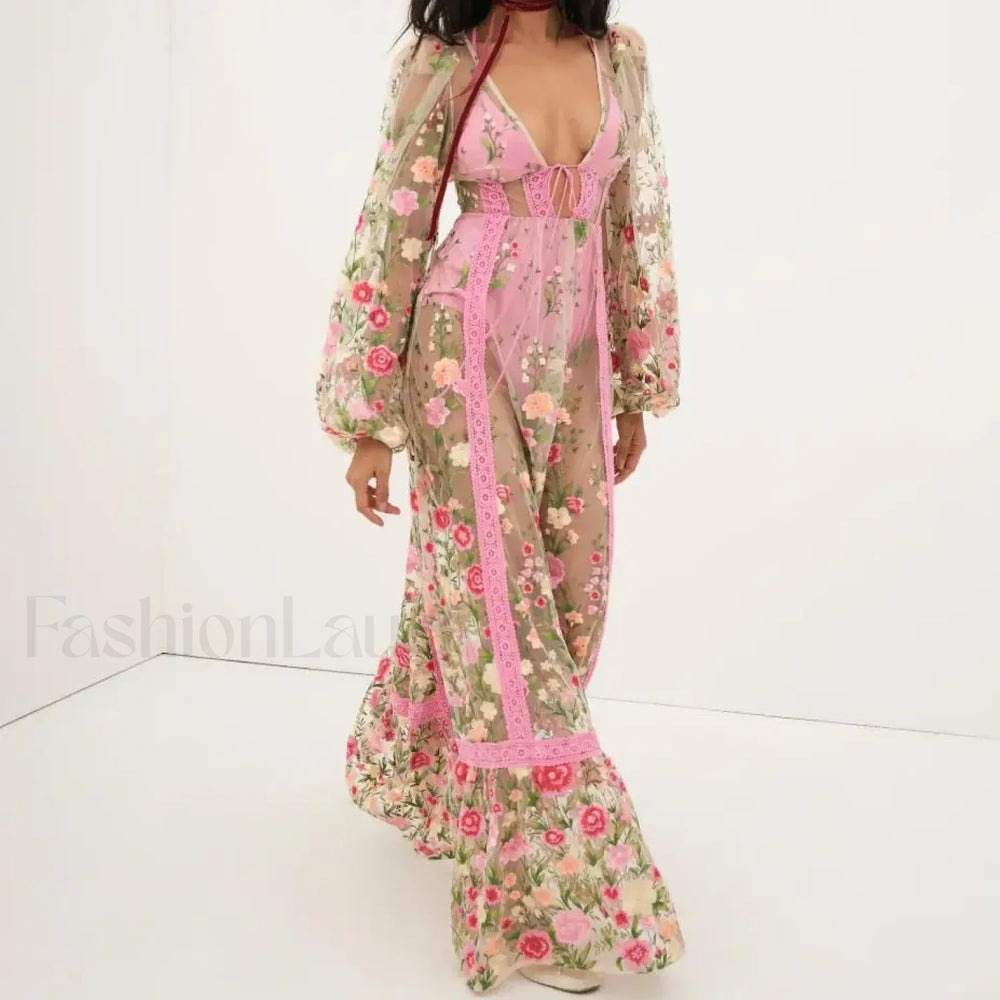 Floral Embroidery Mesh Beach Cover Up